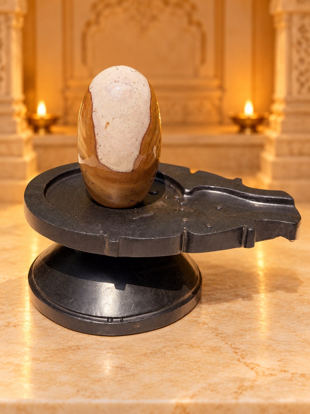 5-inch Narmadeshwar Shivling — Warm mandir background edit