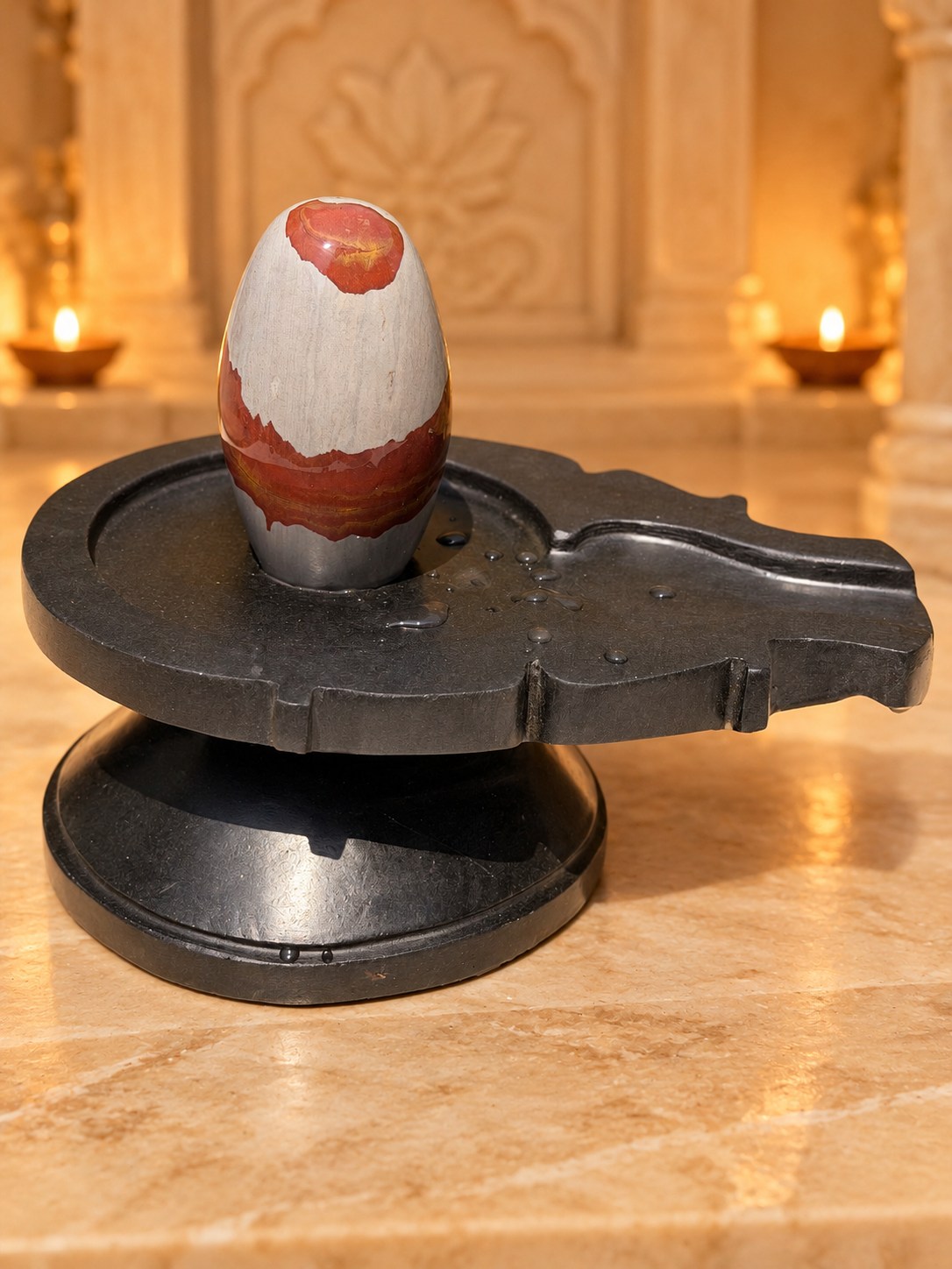 5-inch Narmadeshwar Shivling — Warm mandir background edit