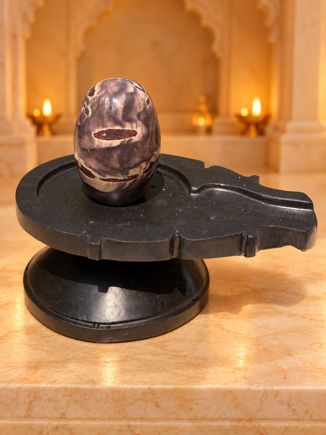 5-inch Narmadeshwar Shivling — Warm mandir background edit