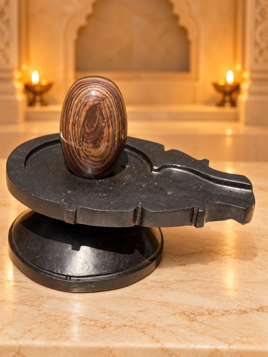 5-inch Narmadeshwar Shivling — Warm mandir background edit