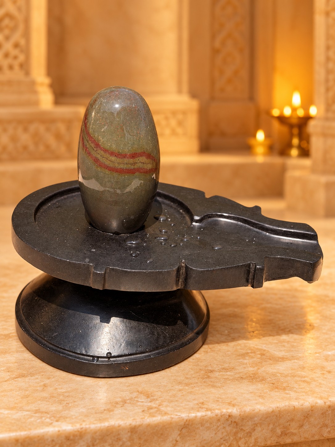 5-inch Narmadeshwar Shivling — Warm mandir background edit