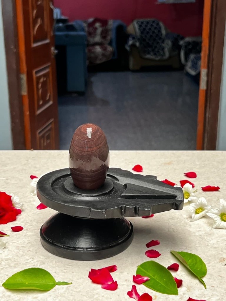 3 Inch Natural Brown Narmadeshwar Shivling with 6 Inch Black Damru Jaladhari, 3″ height · 6″ Damru Jaladhari