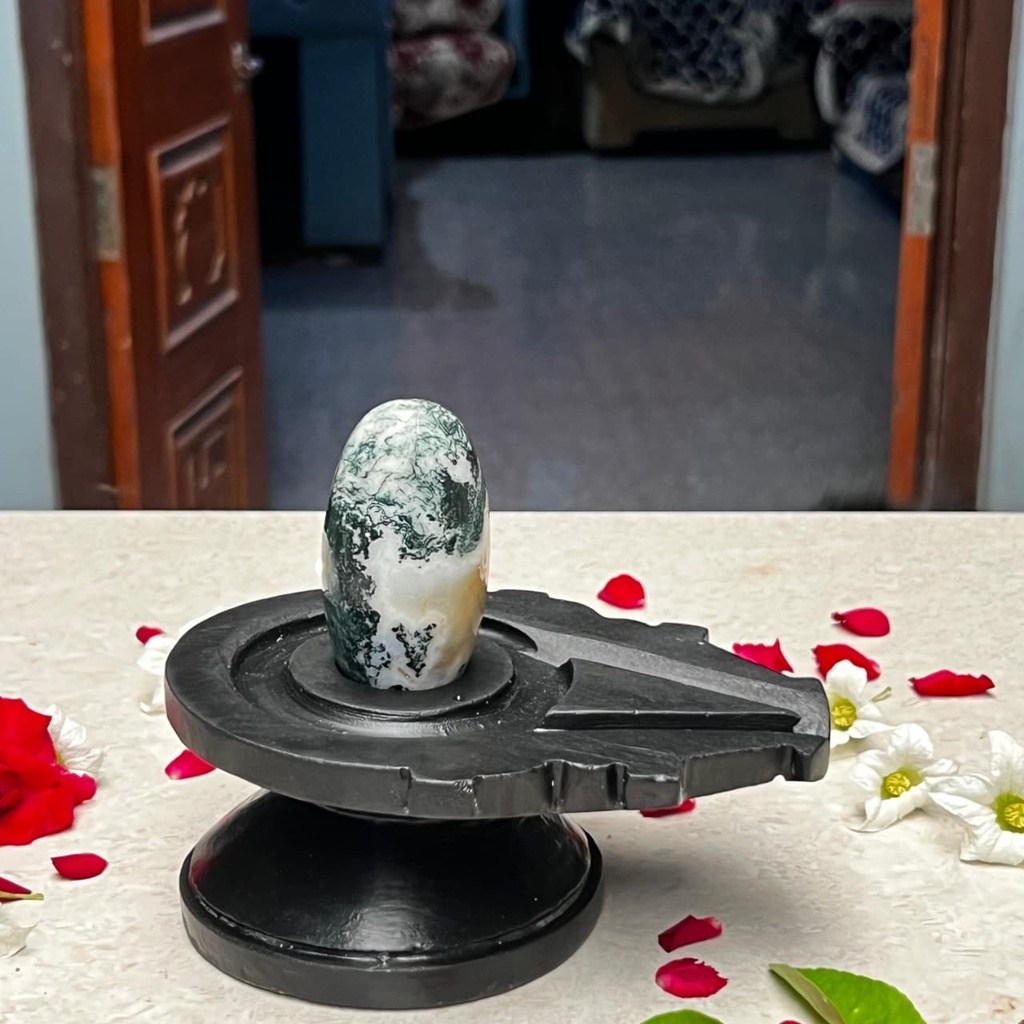 3 Inch Natural Unique Narmadeshwar Shivling with 6 Inch Black Damru Jaladhari, 3″ height · 6″ Damru Jaladhari
