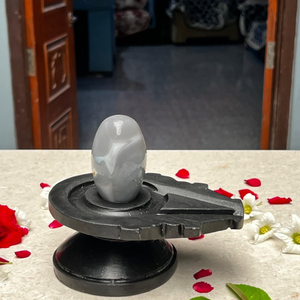 3 Inch Narmadeshwar Shivling with 6 Inch Black Damru Jaladhari, 3″ height · 6″ Damru Jaladhari