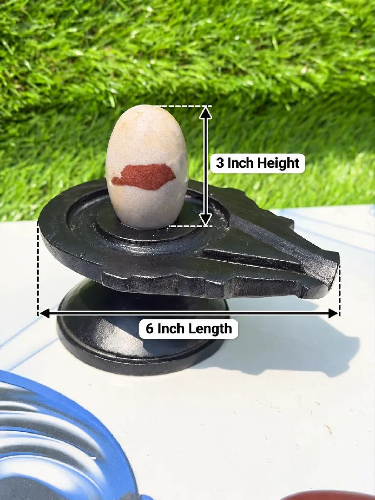 3 Inch Red Tilakdhari Narmadeshwar Shivling with Black Damru Jaladhari – Red Tilak-Like Marking — Product photo 2