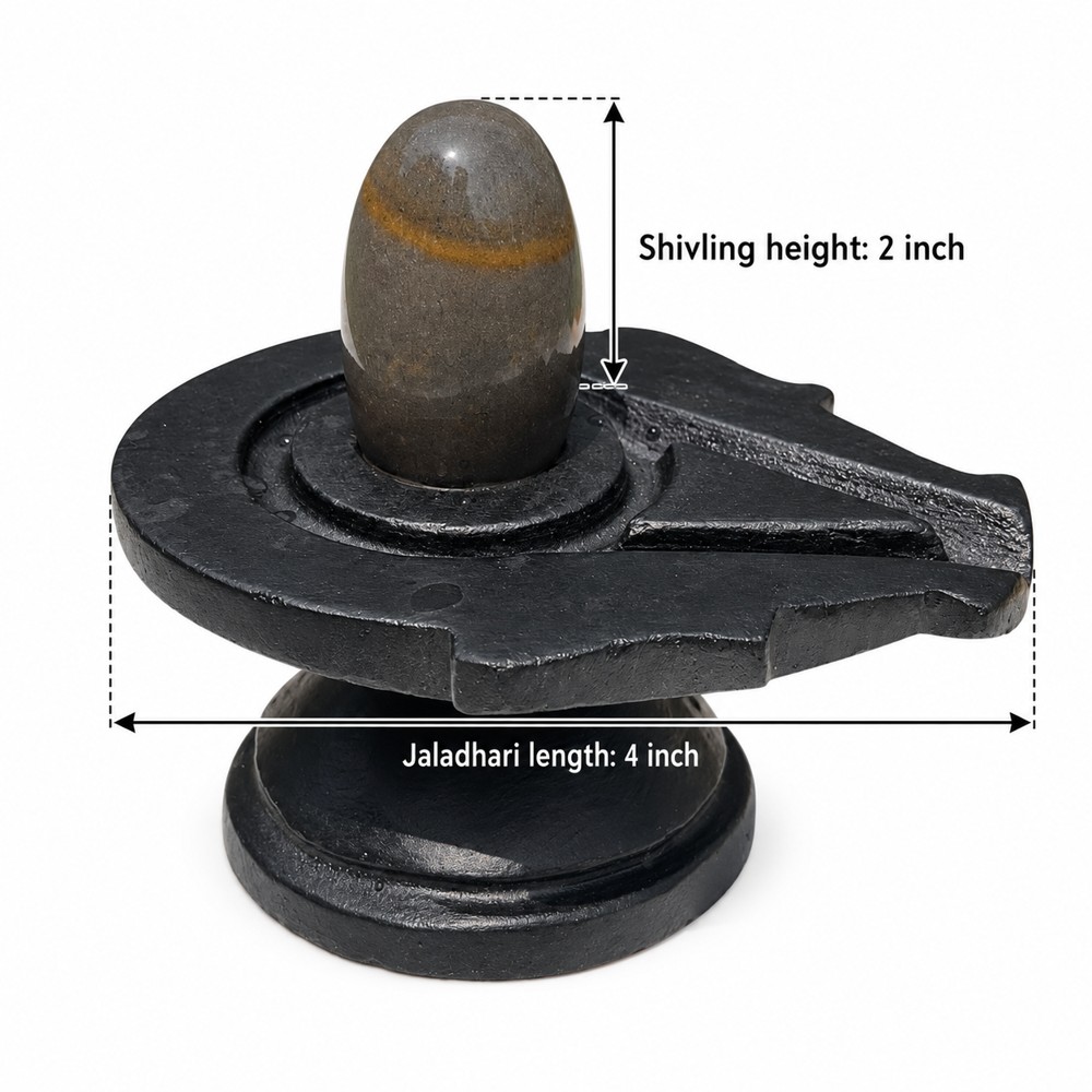 2-inch Narmadeshwar Shivling · Ochre Band on Charcoal — 2-inch height and 4-inch Jaladhari length